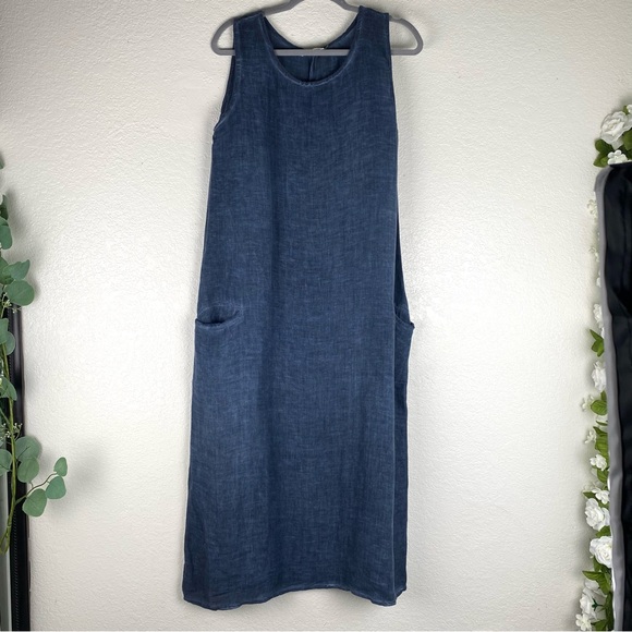 Dolma M/L Blue Linen blue chambray pockets Sleeveless Blue Maxi Dress - Picture 1 of 11